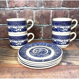 Vintage Blue Willow Tea Cup & Saucer Set USA Stackable Blue White Asian 8pc